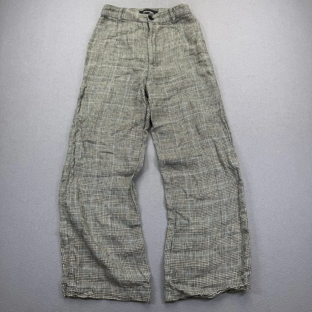 Reformation 100% Linen Wide Leg Plaid Pants‎ Black White Blue Size 2 High Rise